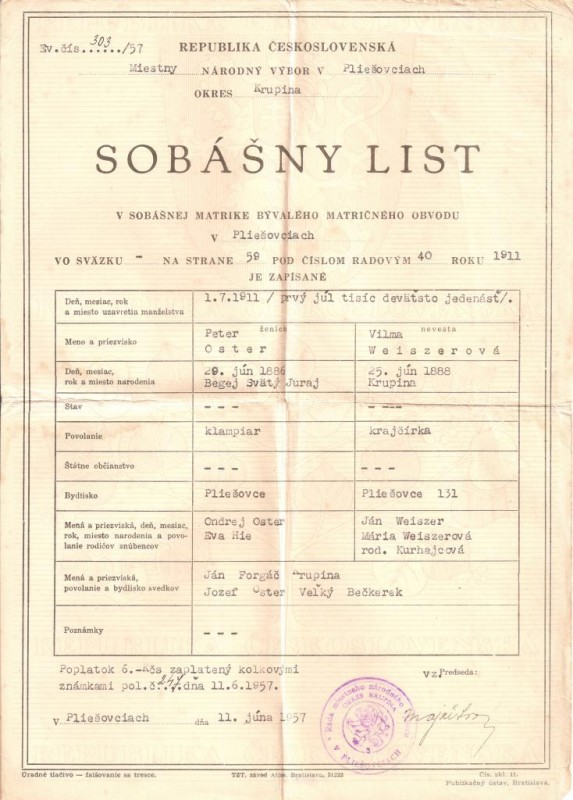 1911 - Sobasny list (odpis 1957) Oster Weiserova.jpg