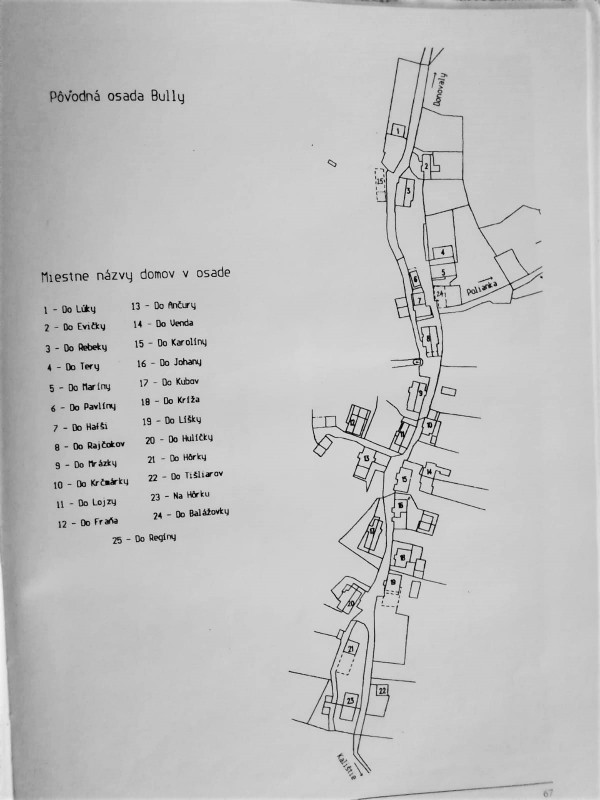 Mapa obce - čisla na tejto mape nezodpovedajú matrikám v 19. storočí lebo pár domov vyhorelo, pár sa pristavilo neskôr.